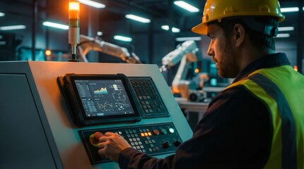 Worker operating machinery control panel in an industrial setting