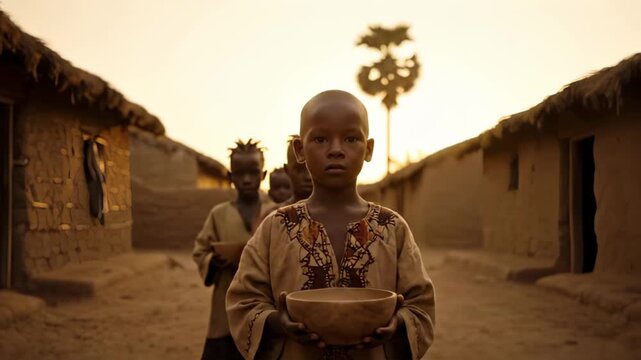 Child holds empty bowl in village path at sunset. Boy with bowl stands near mud houses. Children wait in village with bowls. Rural child holding bowl at sunset. Village children need food aid.