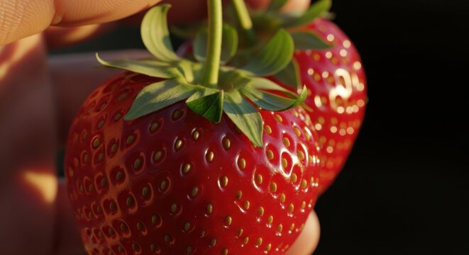 Hand Holding Ripe Strawberries. Macro detail showcasing glossy texture and golden seeds against a dark background, perfect for organic health branding.