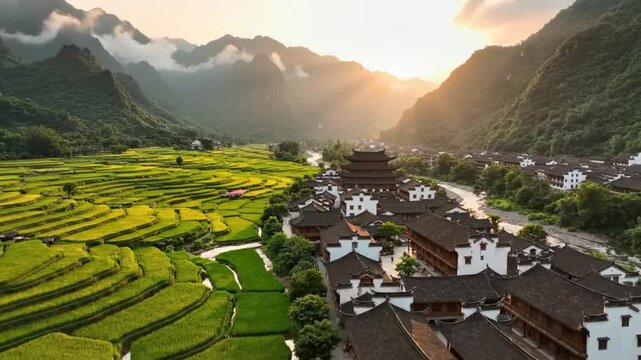 Aerial View of Idyllic Chinese Village Nestled Between Terraced Rice Fields and Lush Mountains at Sunrise