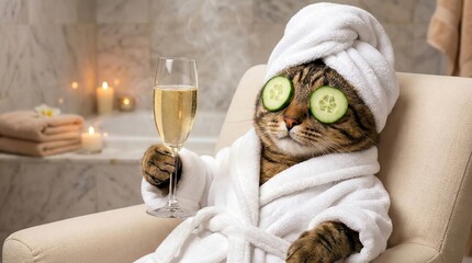 Relaxing cat enjoying champagne and spa treatment in a serene environment