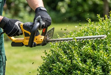 Hands trimming bushes with hedge trimmer in a garden
