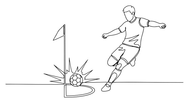 Continuous line drawing of soccer player kicking ball near corner flag