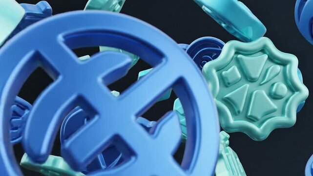 Set of abstract futuristic dynamic badges icons and fluid blend shapes in trendy neo mint aqua menthe green colors for modern branding 3D geometric design elements on dark background