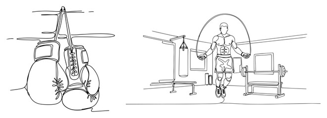 Continuous line drawing of hanging boxing gloves and boxer jumping rope in gym © Alicja