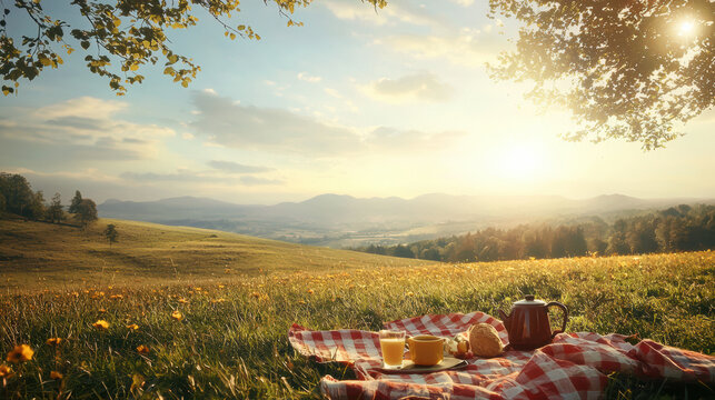 A tranquil picnic scene unfolds with a red checkered blanket amidst a blossoming meadow and sunlit mountains at dawn, offe an idyllic moment of serenity.