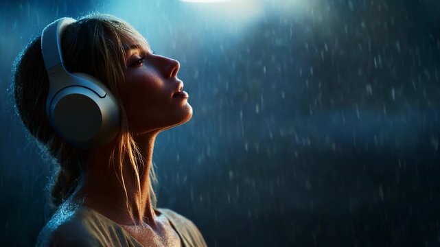 Capturing the Serenity of Sound: A Young Woman Lost in Music While Rain Falls Gently Around Her, Creating a Moment of Tranquility and Reflection Under Atmospheric Lighting