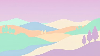 Pastel Mountain Landscape Illustration with Trees and Rolling Hills.