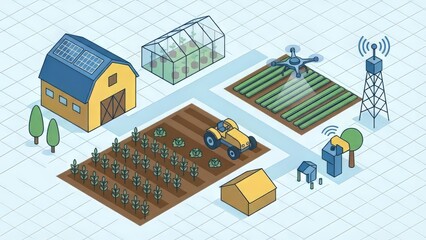 Isometric Smart Farming Illustration with Tractor, Drone, and Barn.