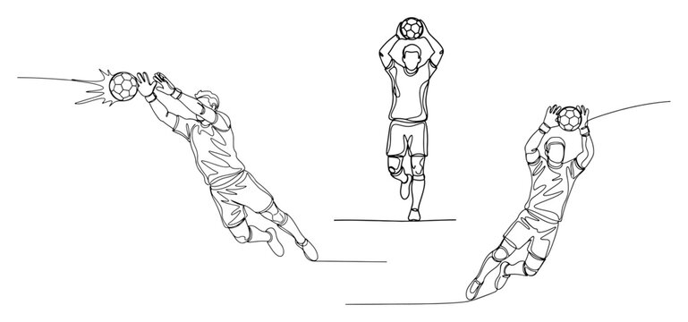 Continuous line drawing set of soccer goalkeepers making saves and a player throwing the ball