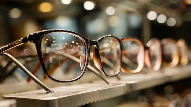 Rotating eyeglasses frame stand showcased in a medium shot emphasizing the smooth motion and variety of stylish frames for convenient selection.