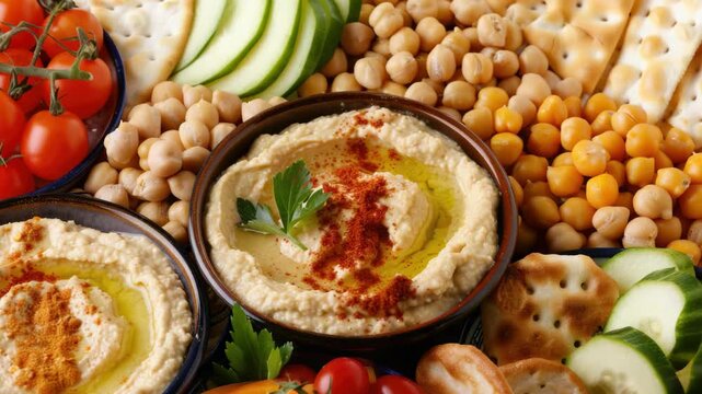 A vibrant spread of Middle Eastern vegetarian dishes, including hummus with pita bread, tabbouleh salad, roasted eggplant and peppers, falafel wraps, and fresh vegetable medley.