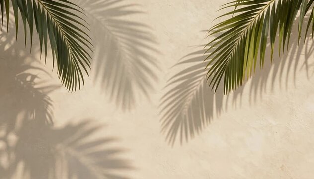 Palm frond shadows dance on textured wall: tropical leaf background for summer ambiance and nature visuals.