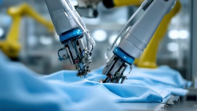 Closeup medium shot highlighting the precise movements of robotic arms folding delicate fabric with exact alignment.