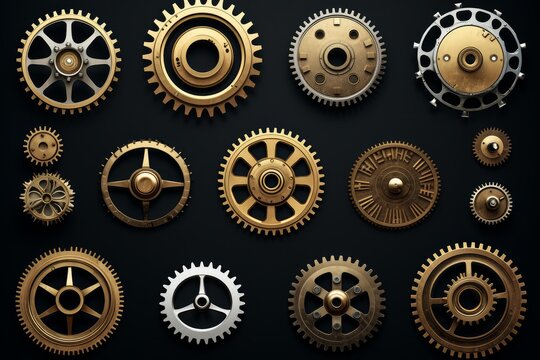 Collection of various bronze and silver metal gears and cogs on a dark background - Powered by Adobe