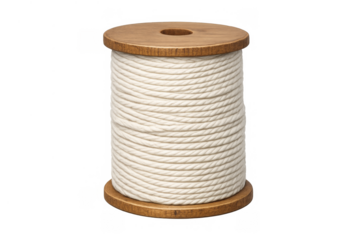 Wooden spool holding white cotton cord for textile crafts, macrame, knitting, and diy projects, transparent background