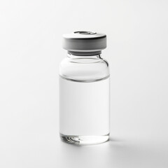 A clear glass vial filled with liquid on a white background