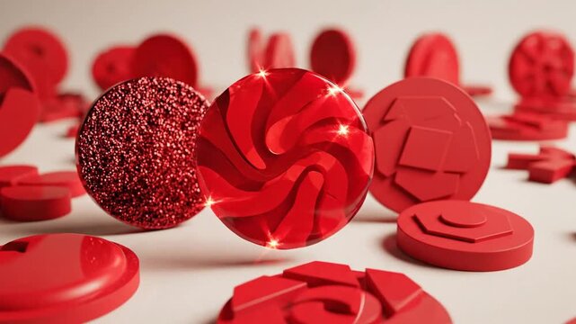 Collection of dynamic circular abstract badges featuring minimalist geometric shapes and vibrant crimson red gradients, perfect for modern digital interface design and brand identity elements.