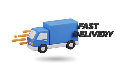 Blue delivery truck speeding with fast delivery text