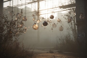 Orbs hang from above in an abandoned space with sunlight shining through the dusty air in the early morning