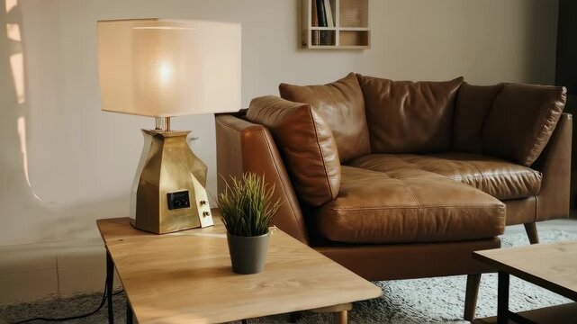 In this video, we showcase a stylish living room featuring a brown leather sofa, a chic lamp, and a wooden coffee table. Discover tips for creating a warm and inviting atmosphere in your home. (196 ch