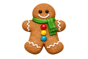 Gingerbread man cookie wearing a green scarf and colorful candy buttons, a festive winter treat with transparent background