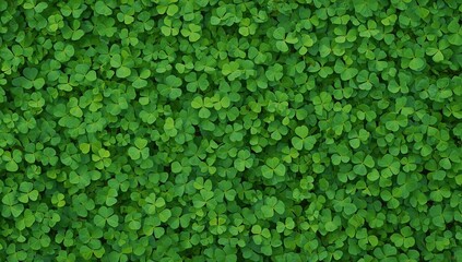 A dense cluster of vibrant green clover leaves evenly spread across the frame, forming a lush, natural textured background