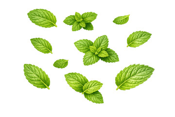 Fresh green mint leaves floating, showing natural herb for cooking, food, and refreshing beverages with transparent background