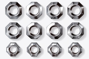 Stainless steel octagonal nuts arranged in a grid on a white background