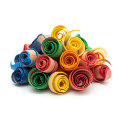 A pile of colorful rolled up paper strips on a white background