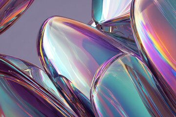abstract iridescent glass forms reflecting vibrant colors and light in a soft purple background
