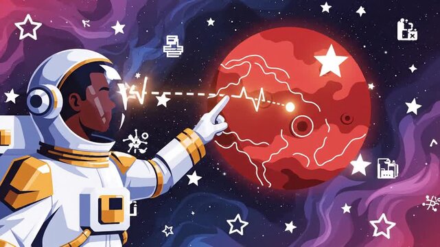 Artistic conceptual vector illustration of futuristic space exploration featuring a person pointing toward a rocket ship soaring through the cosmic galaxy representing human ambition and science.