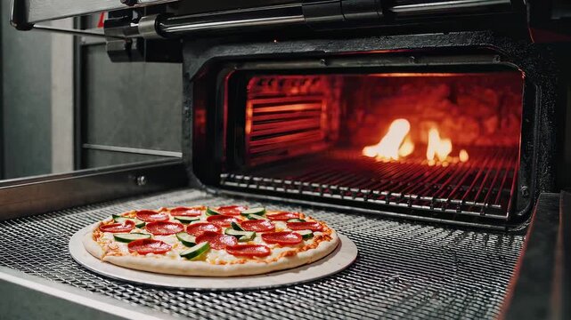 Watch as a delicious pizza is expertly baked in a high-temperature oven. This video showcases the cooking process, highlighting the perfect melting cheese and fresh ingredients for a mouthwatering res