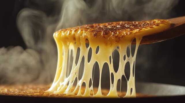 Indulgent melted cheese closeup showcases delicious comfort food, with gooey texture and steam rising, evoking warmth and culinary delight