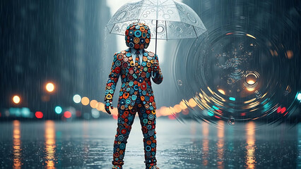 Person in colorful suit holding umbrella on rainy city street at night