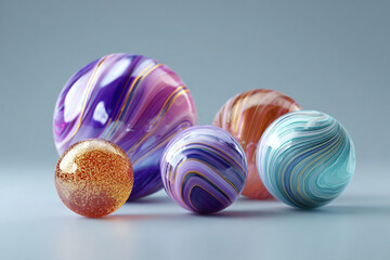A collection of abstract glass spheres with swirling colorful patterns and metallic gold accents on a minimalist background