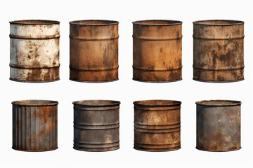 Fototapeta premium Rusty metal drums stand on a white background, displaying corrosion and textured surfaces