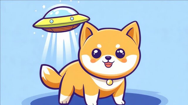 Fictional cartoon of a Shiba Inu dog looking up at an alien spaceship that appears in the sky above it.