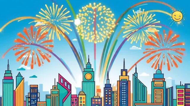 Colorful fireworks explode over a city skyline.