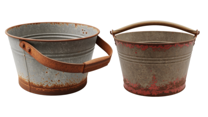 Two weathered metal buckets, one with a wooden handle, showcasing rust and wear against a black background