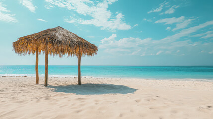 Fototapeta premium A serene beach scene displays a tiki hut offe shade on the white sand with the tranquil turquoise ocean and bright blue sky stretching to the horizon.