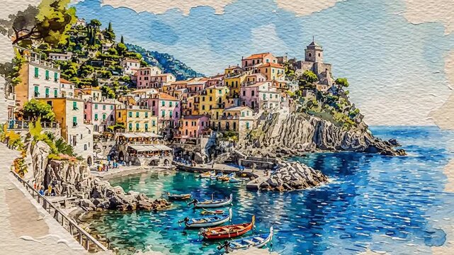 Artistic watercolor illustration of the scenic coastal view of Conca dei Marini, a historic Italian commune nestled along the beautiful Amalfi Coast, showcasing traditional Mediterranean village life.