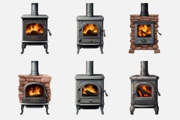 Naklejka premium Various designs of cast iron and brick wood stoves radiating warmth with glowing fire