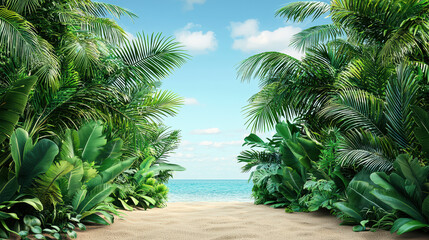 Tropical sandy path with lush green palm trees leading to a serene turquoise ocean under a clear blue sky creating a natural exotic paradise escape scene.