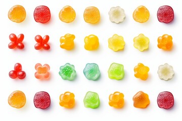 Rows of vibrant, multi shaped gummy candies displaying different bright colors and textures