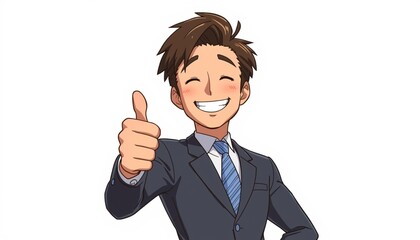Smiling Cartoon Businessman Giving Thumbs Up in Suit and Tie