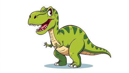 Obraz premium Cartoon Green Dinosaur with Spots and Big Smile Standing Alone