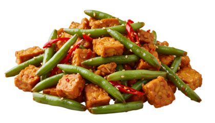 Stir fried tempeh with green beans and red chili peppers