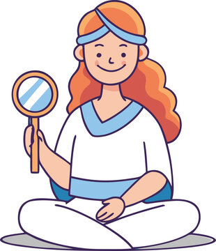 Woman sitting cross legged holding a handheld mirror smiling