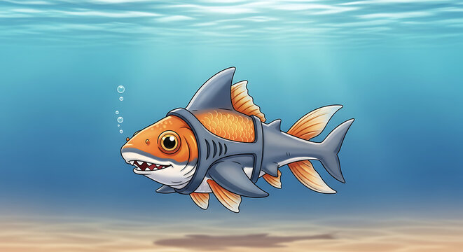 Underwater Scene of a Polluted Fish Swimming Above the Sandy Ocean Floor